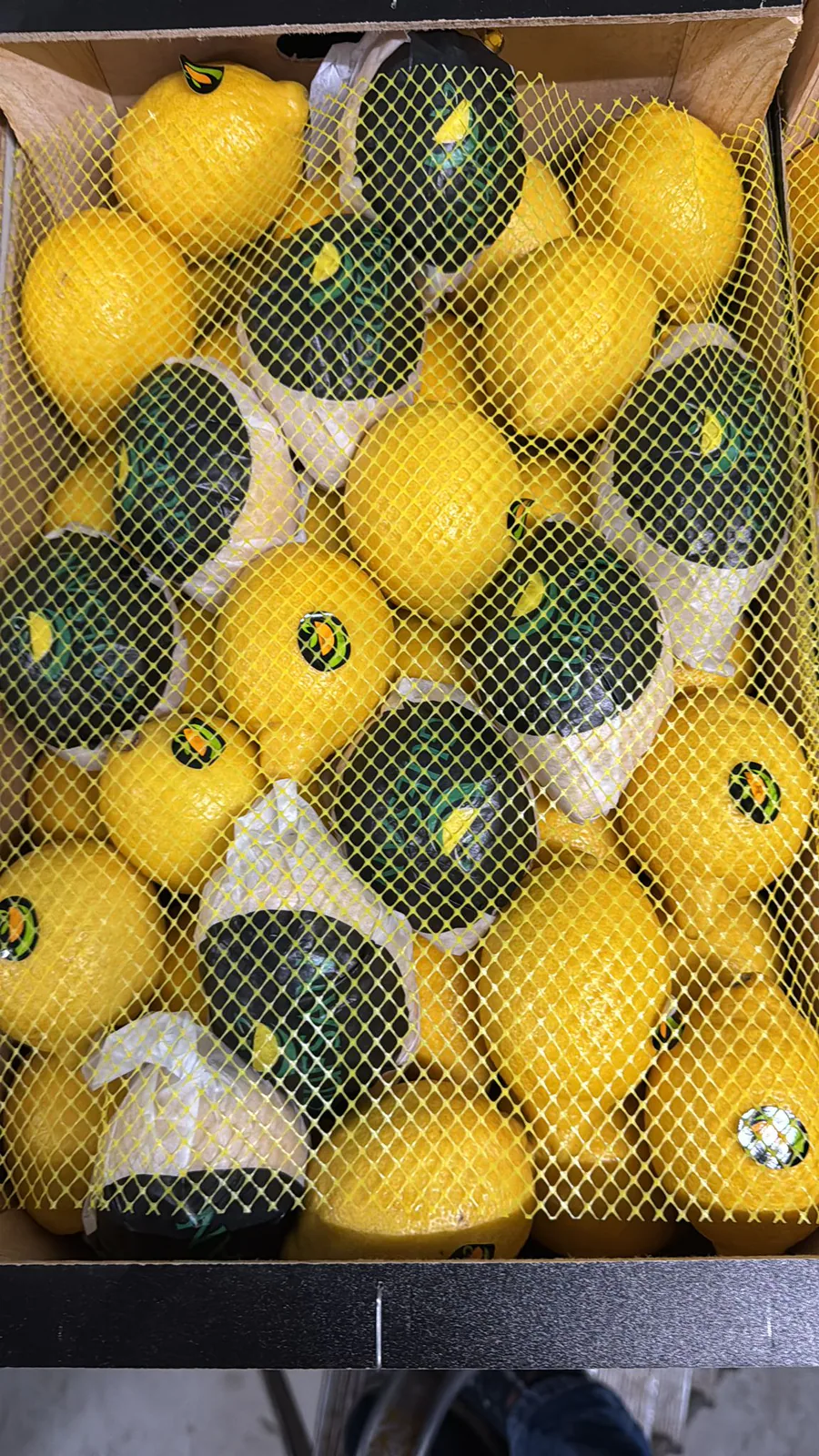 Limones frescos protegidos con malla en caja