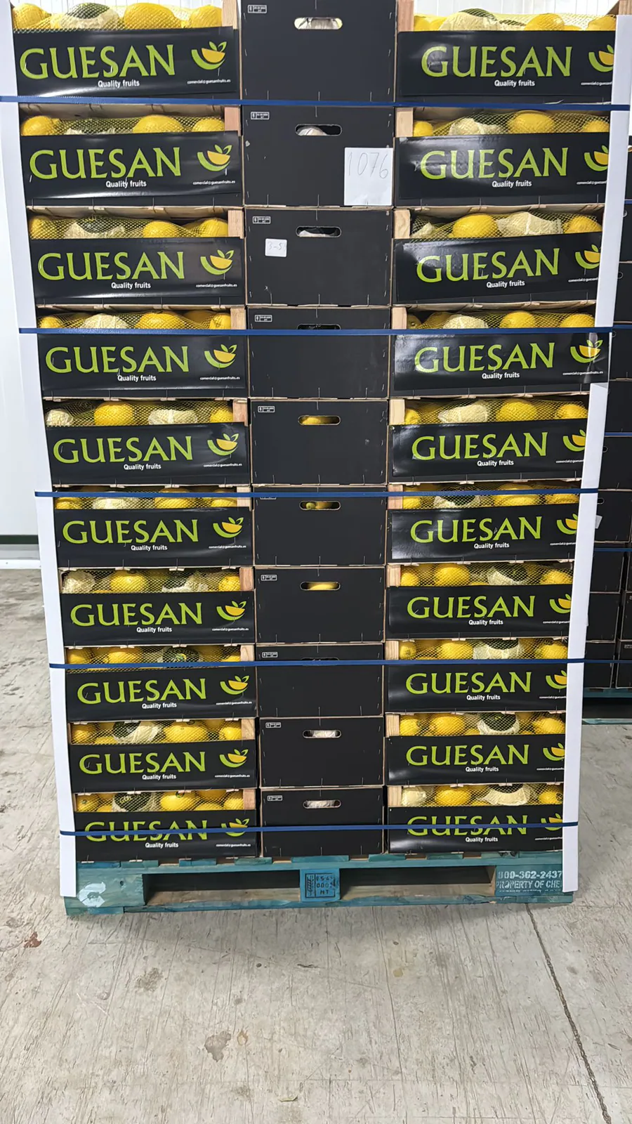 Palé de cajas de limones frescos listo para expedición