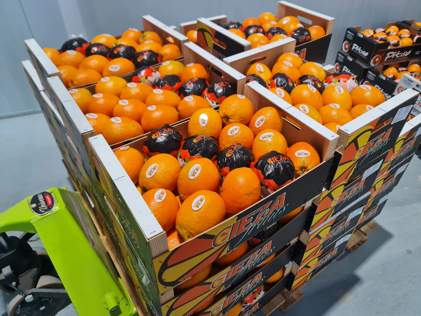 Palé de cajas de naranjas frescas preparadas