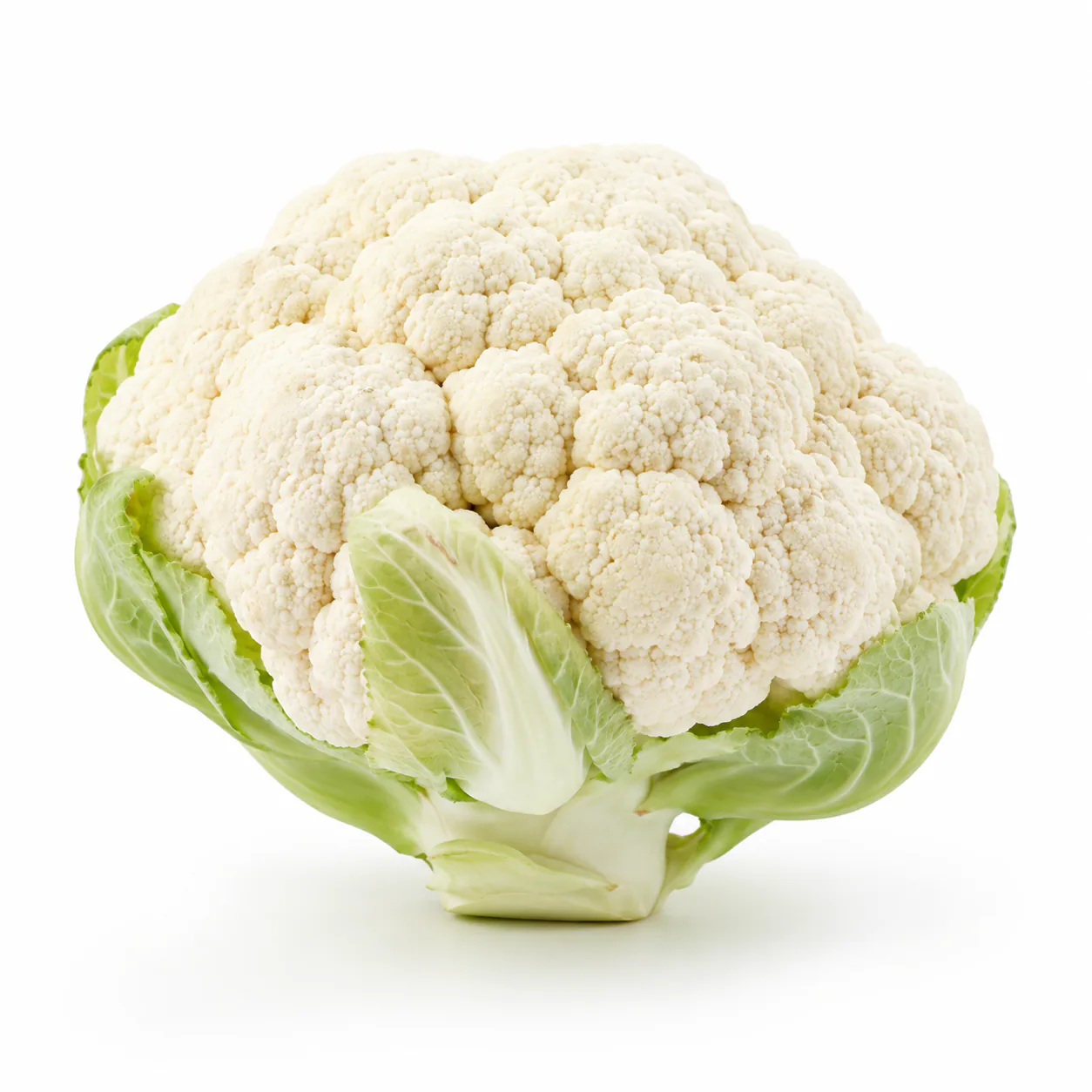 Coliflor blanca entera con hojas verdes sobre fondo blanco